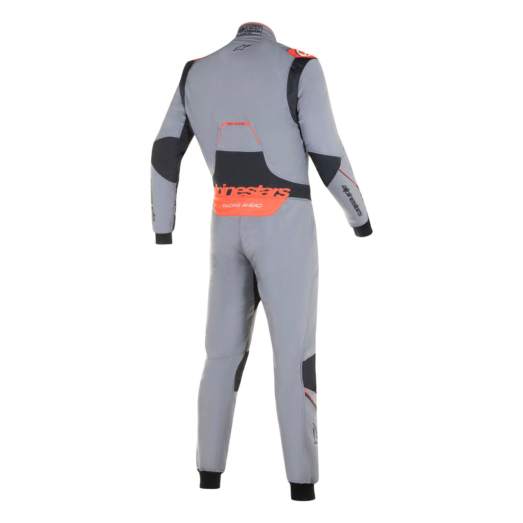 Gray racing suit back view with black side panels and red graphic stripe, full-length zipper.