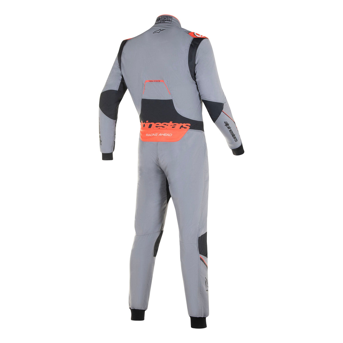 Gray racing suit back view with black side panels and red graphic stripe, full-length zipper.