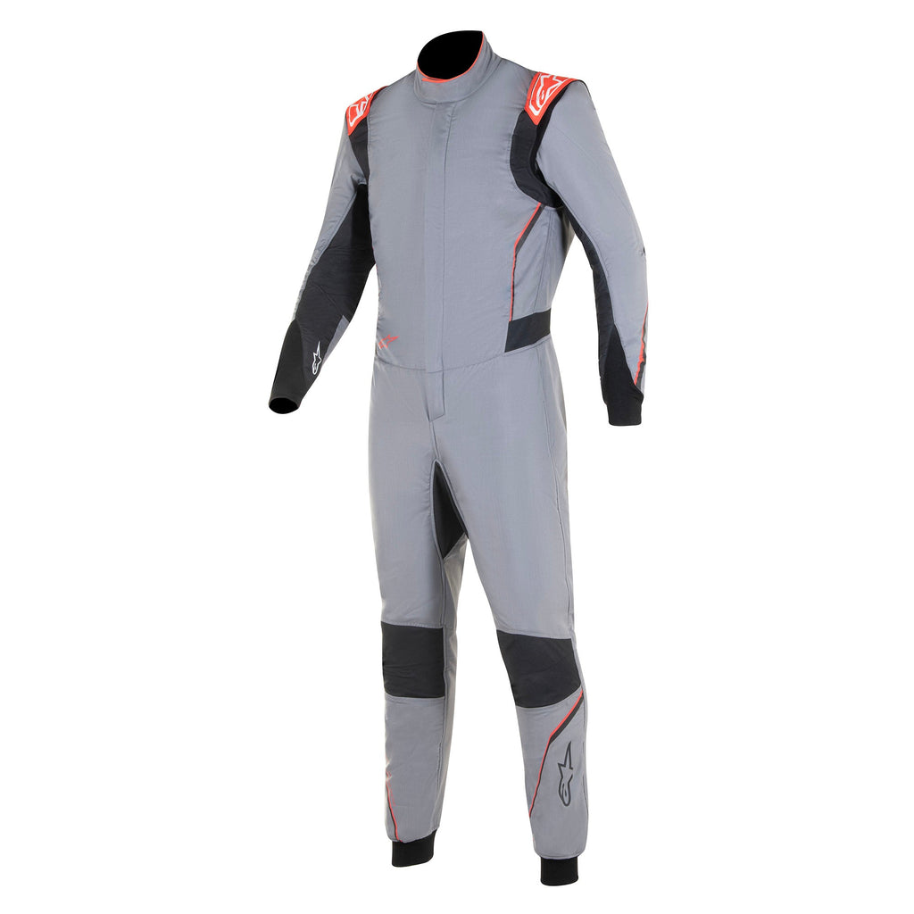 Gray racing suit with black sleeves, red shoulder accents, and full-length zipper.