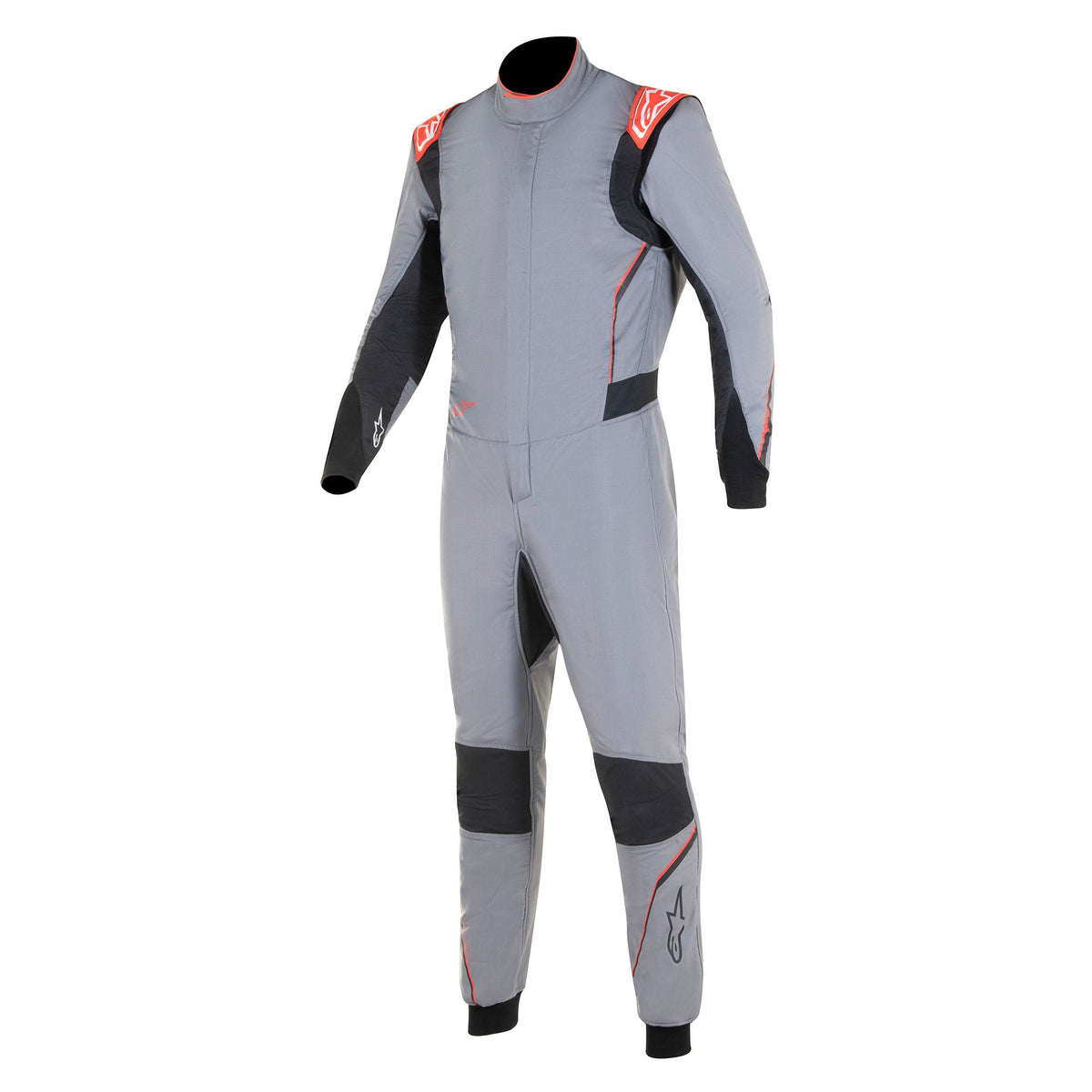 Gray racing suit with black sleeves, red shoulder accents, and full-length zipper.