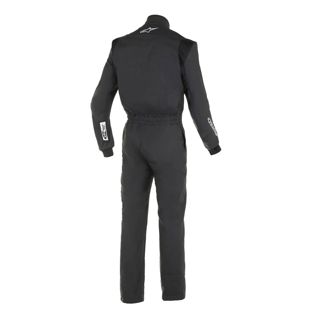 Black racing suit, back view with shoulder logo, full-length zipper, padded panels