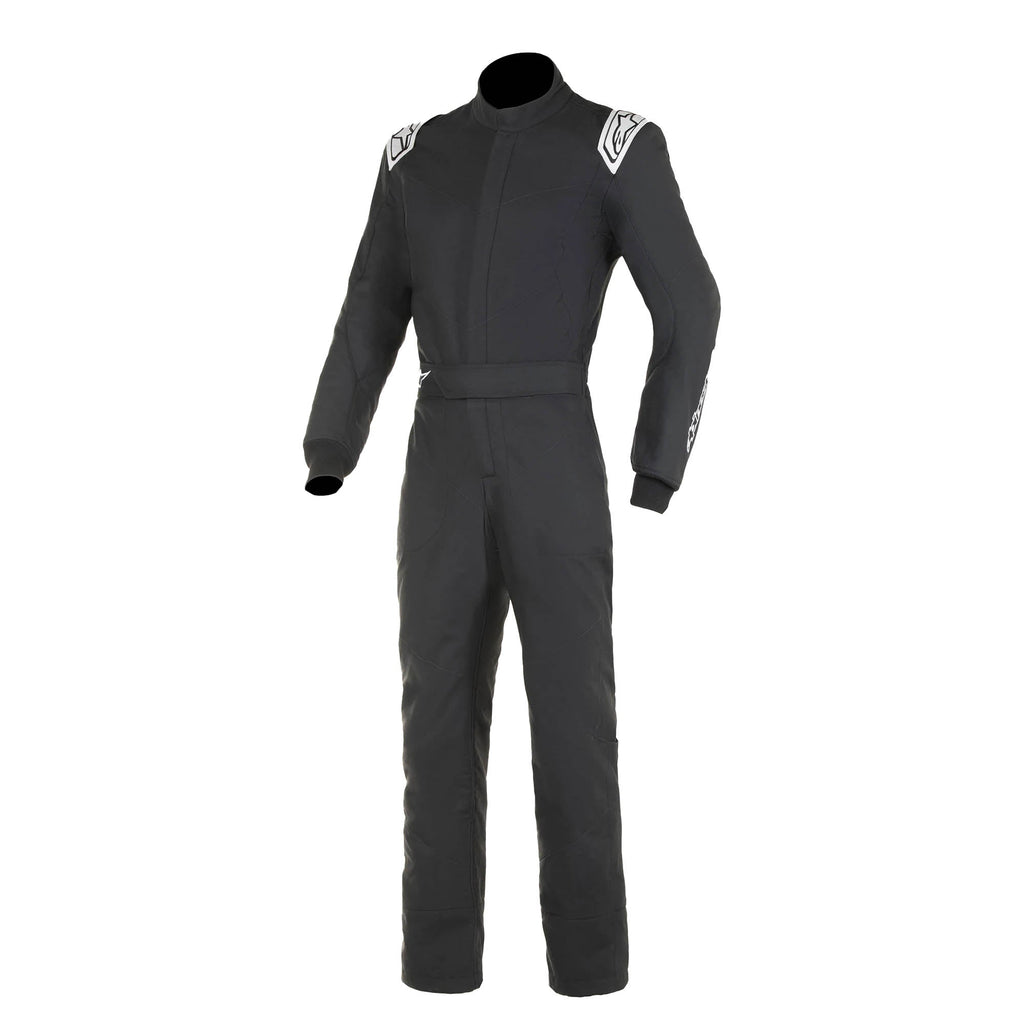 Black racing motorcycle suit with white shoulder logos, full-length zipper, padded panels