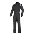 Black racing motorcycle suit with white shoulder logos, full-length zipper, padded panels