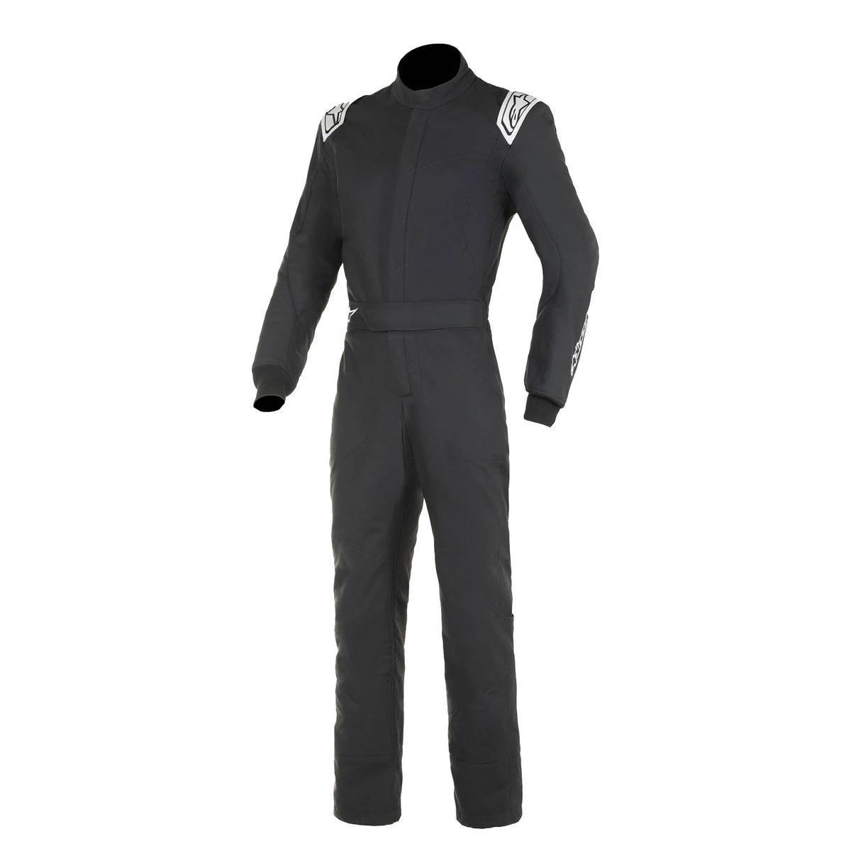 Black racing motorcycle suit with white shoulder logos, full-length zipper, padded panels