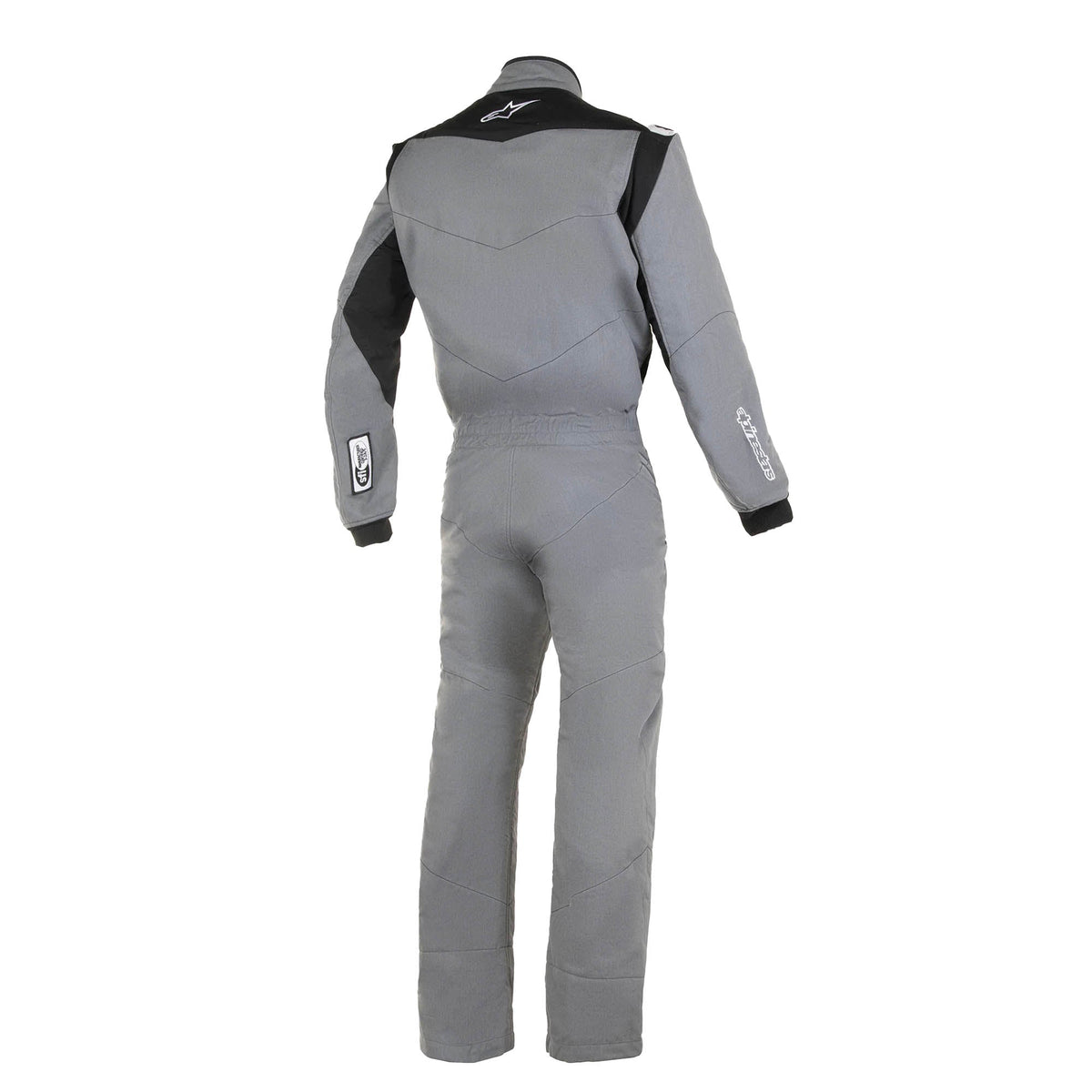 Light grey racing suit with black rear logo, full-length zipper, padded armored panels