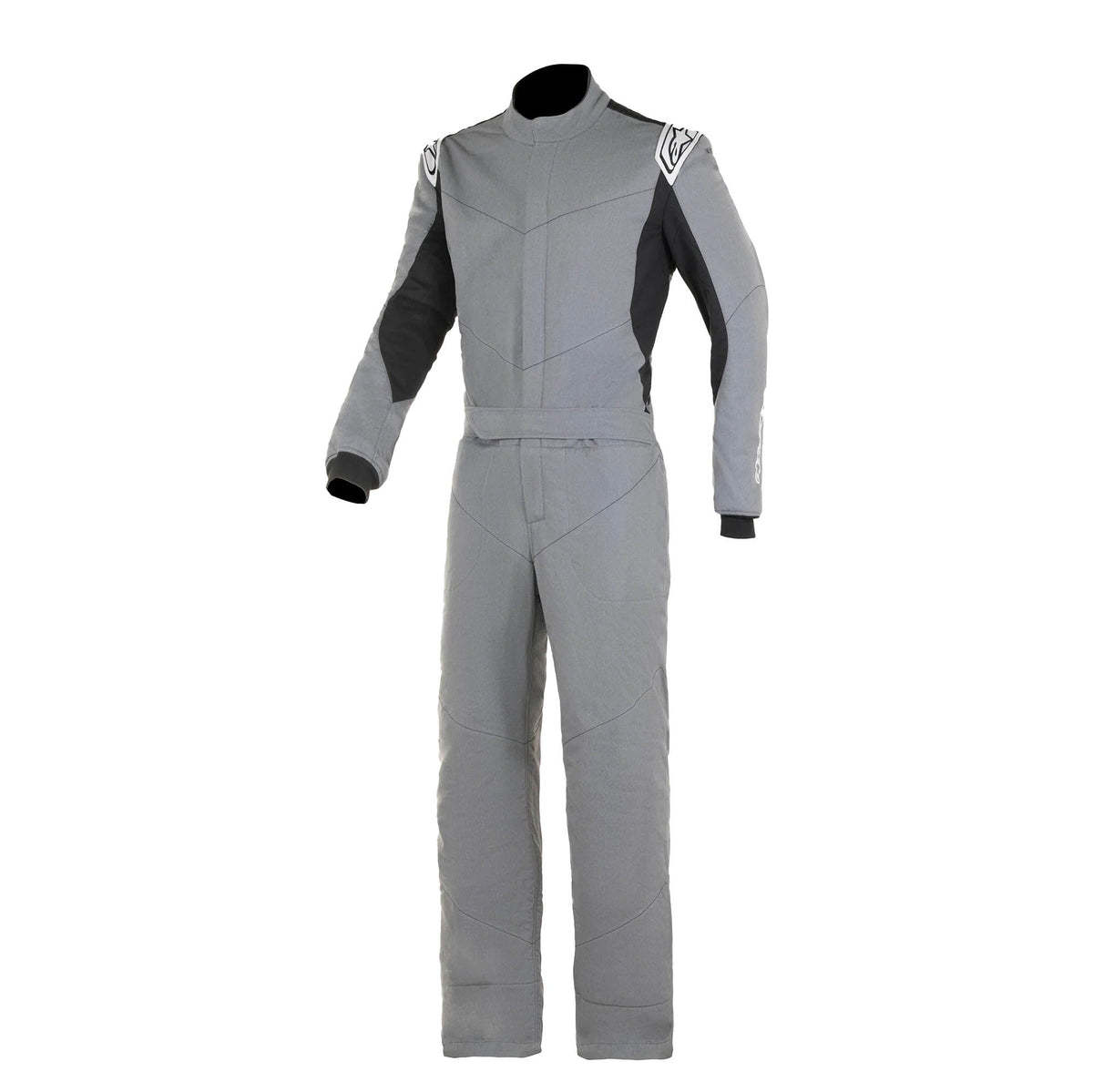 Grey racing suit with black accents, full-length zipper, padded armored panels