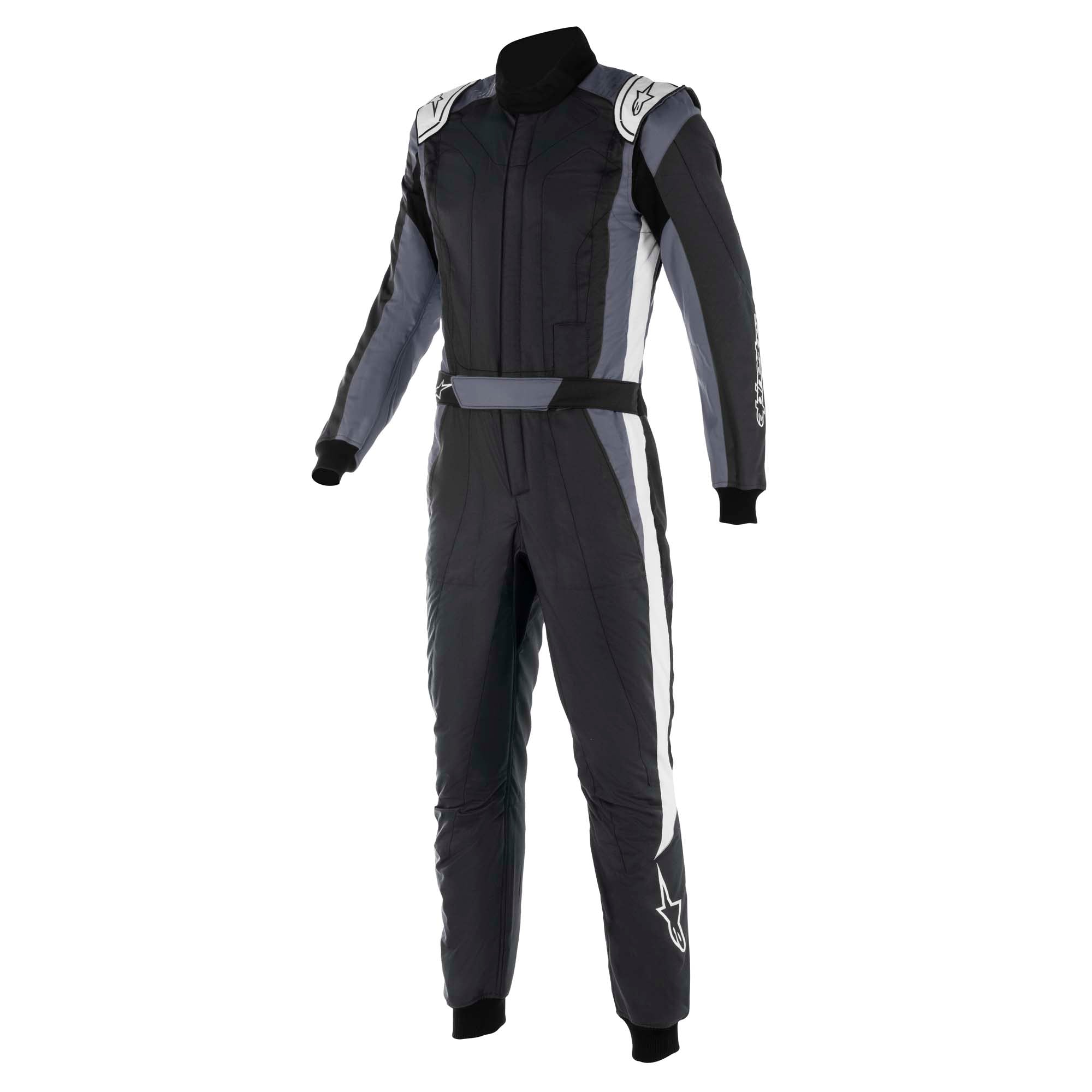 Racing suit with black base and white side panels, long sleeves, full-length legs