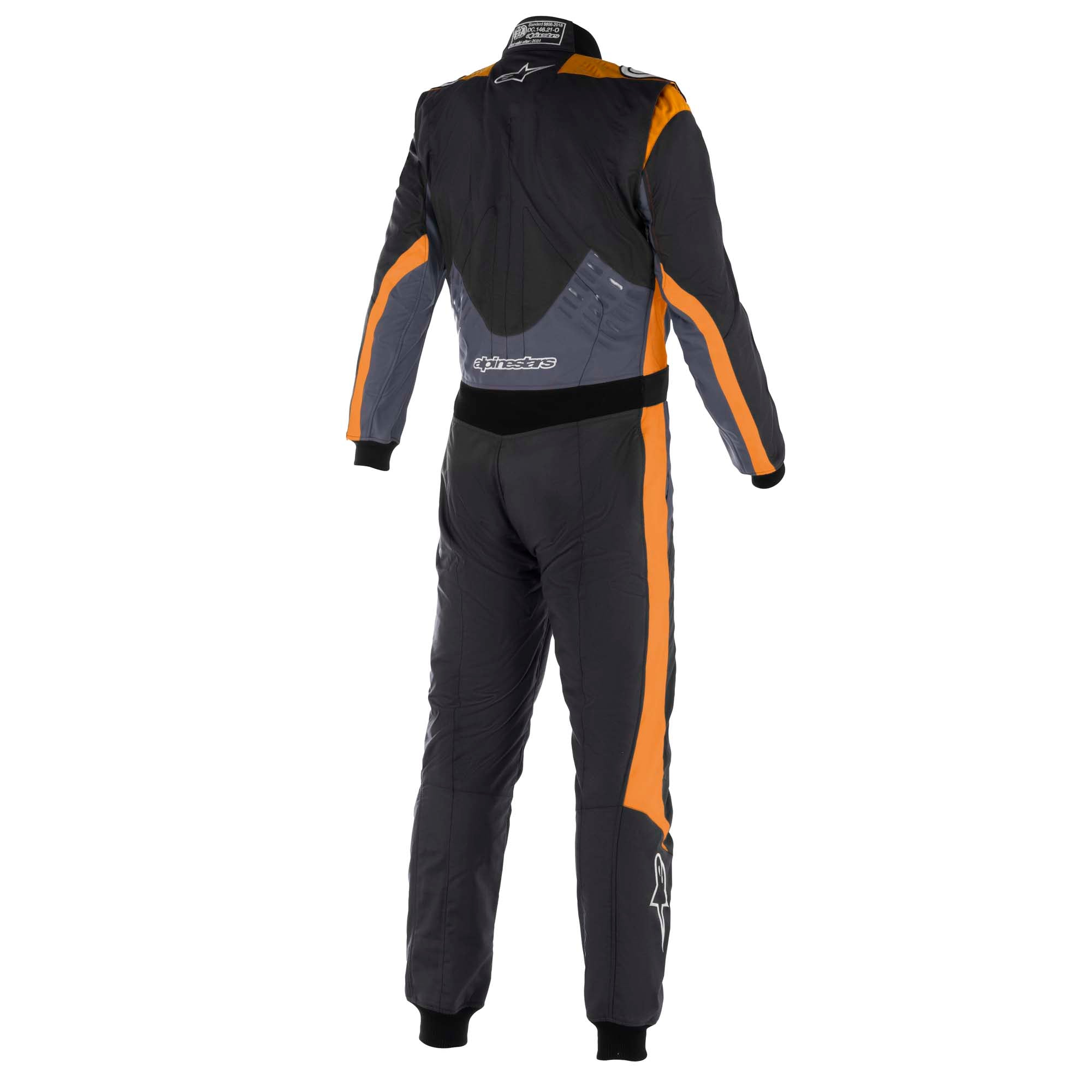 Racing suit with black back and orange side stripes, long sleeves, full-length legs