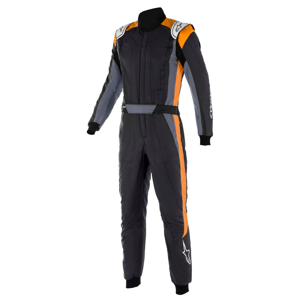 Racing suit with black base and orange stripes, long sleeves, full-length legs
