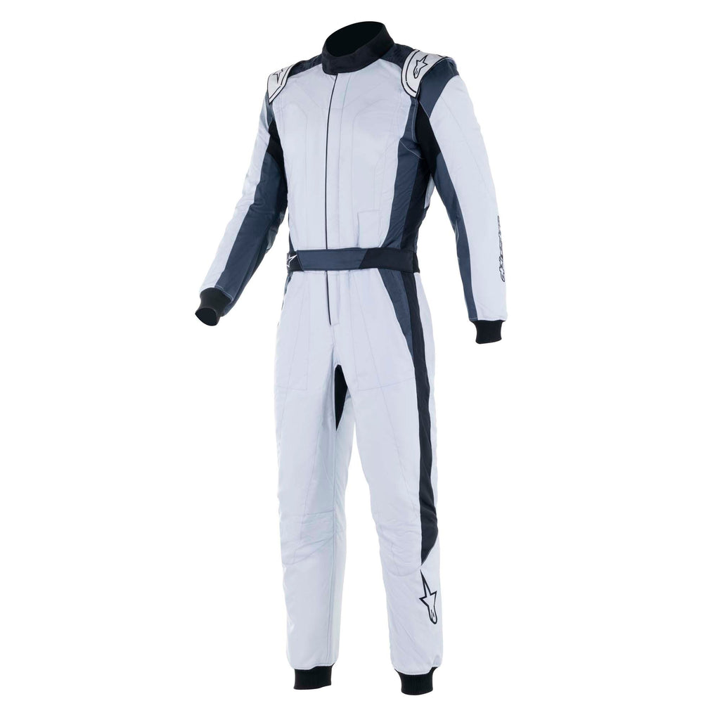 Racing suit with white front and black side panels, long sleeves, full-length legs