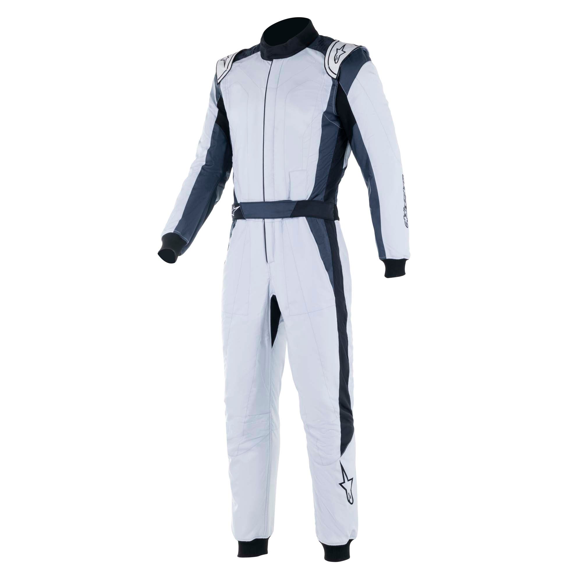 Racing suit with white front and black side panels, long sleeves, full-length legs