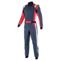 Racing suit with blue torso panels and red sleeves, long sleeves, full-length legs