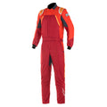 Motorsport racing suit in red with orange accents, long sleeves, full-length one-piece