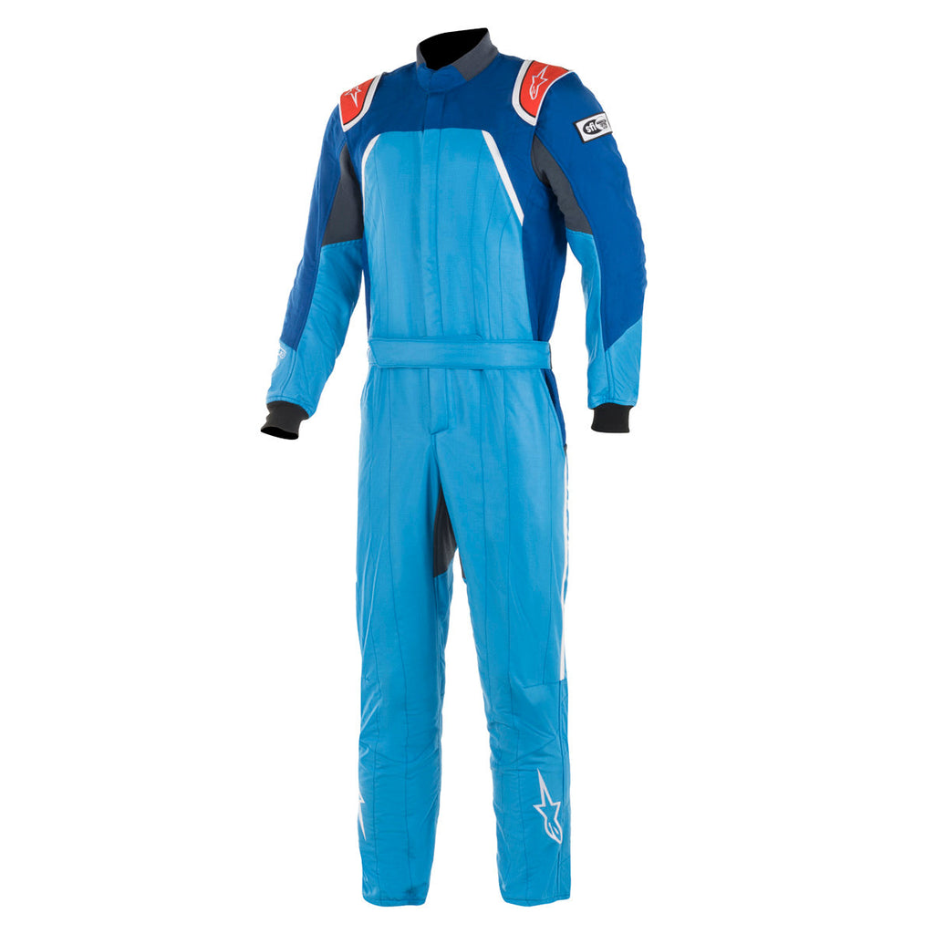Motorsport racing suit in blue with black and red accents, long sleeves and full legs