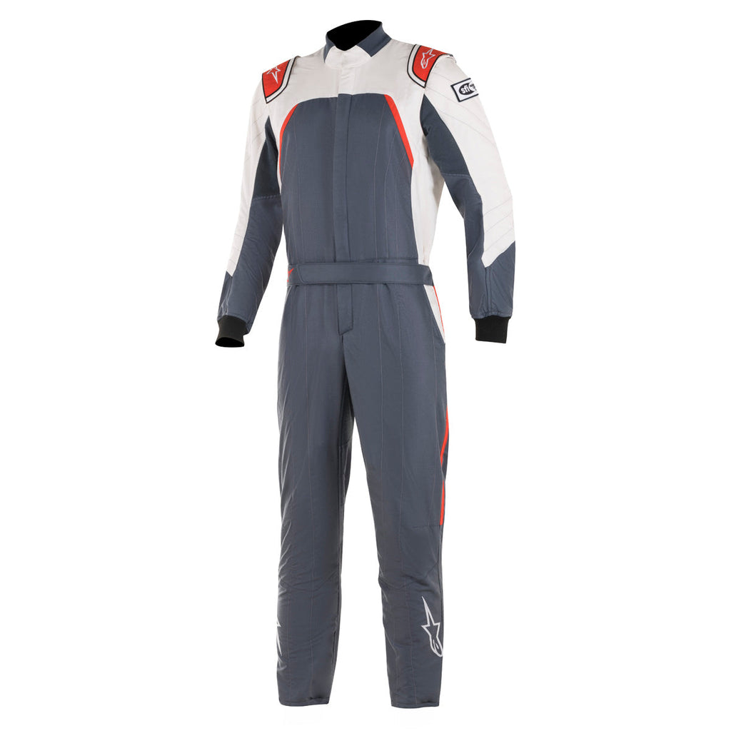 Motorsport racing suit in dark gray and white with red accents, long sleeves and legs