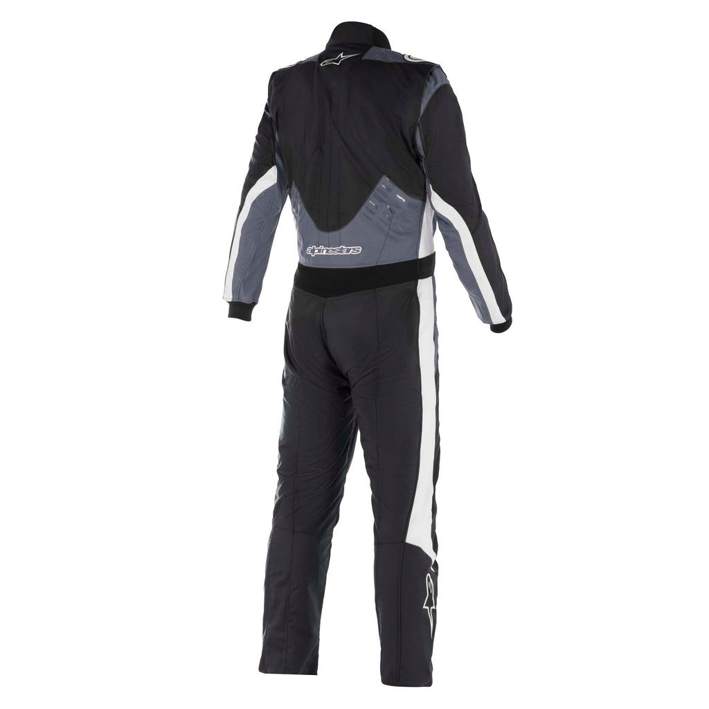 Alpinestars racing suit in black with grey-white side panels and a wide belt, back view