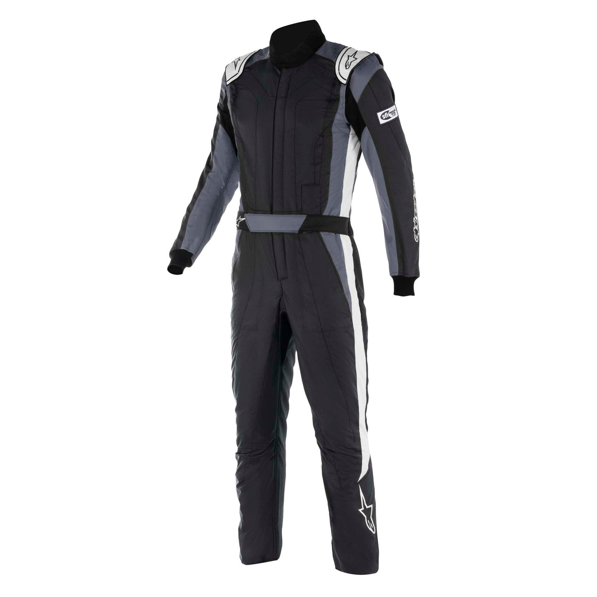 Alpinestars racing suit in navy and black with white side panels and red accents, zip front