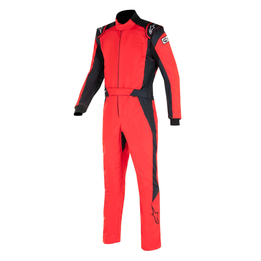 Alpinestars racing suit in bright red with black shoulders and red/black paneling, zip front