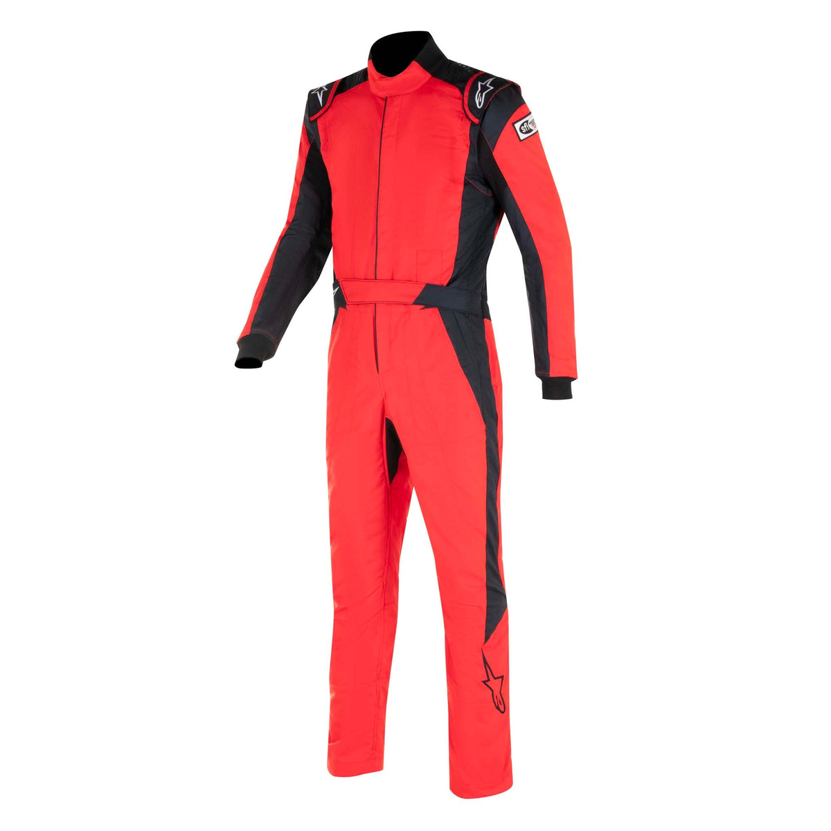 Alpinestars racing suit in bright red with black shoulders and red/black paneling, zip front