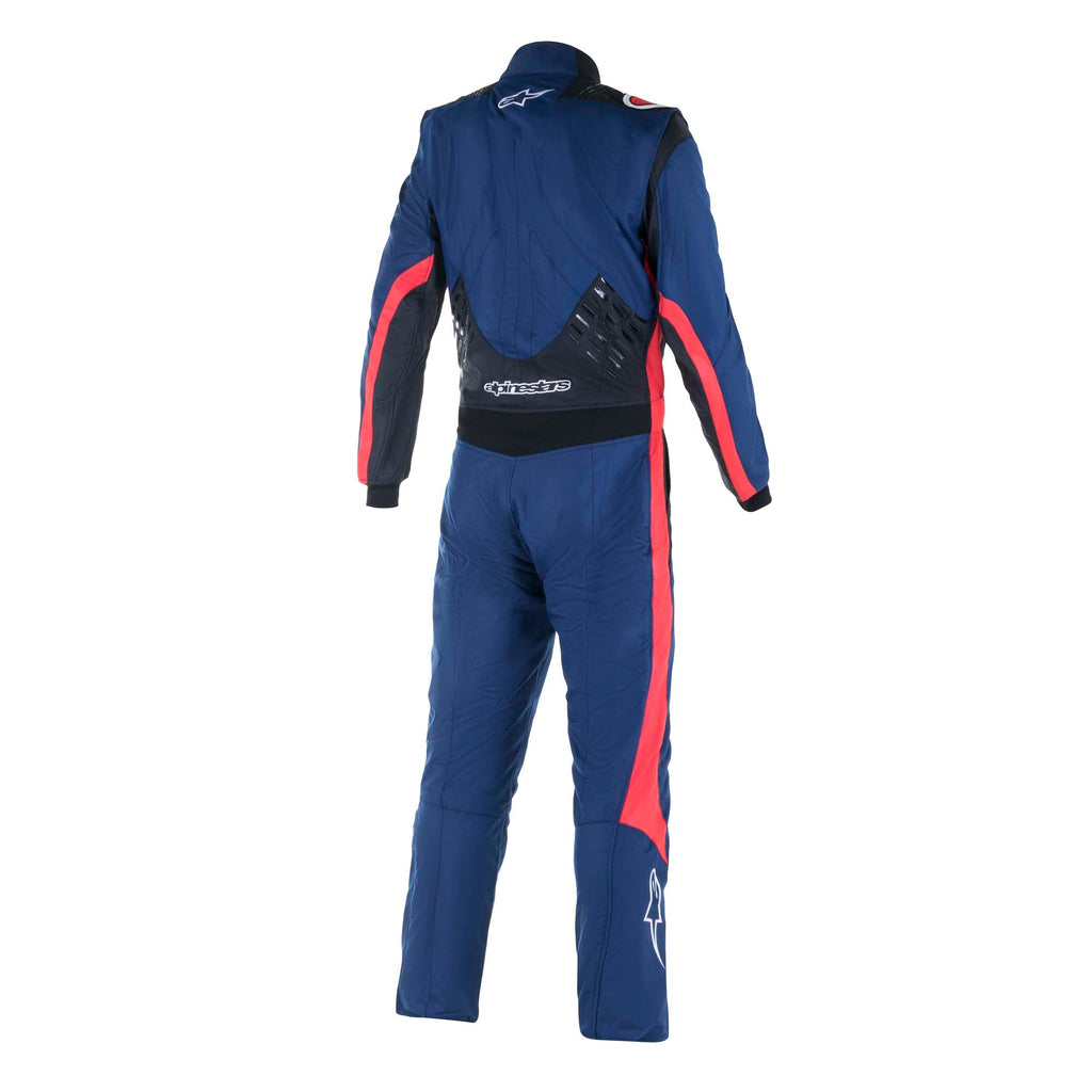Alpinestars racing suit in blue with red stripes and black side panels, back view