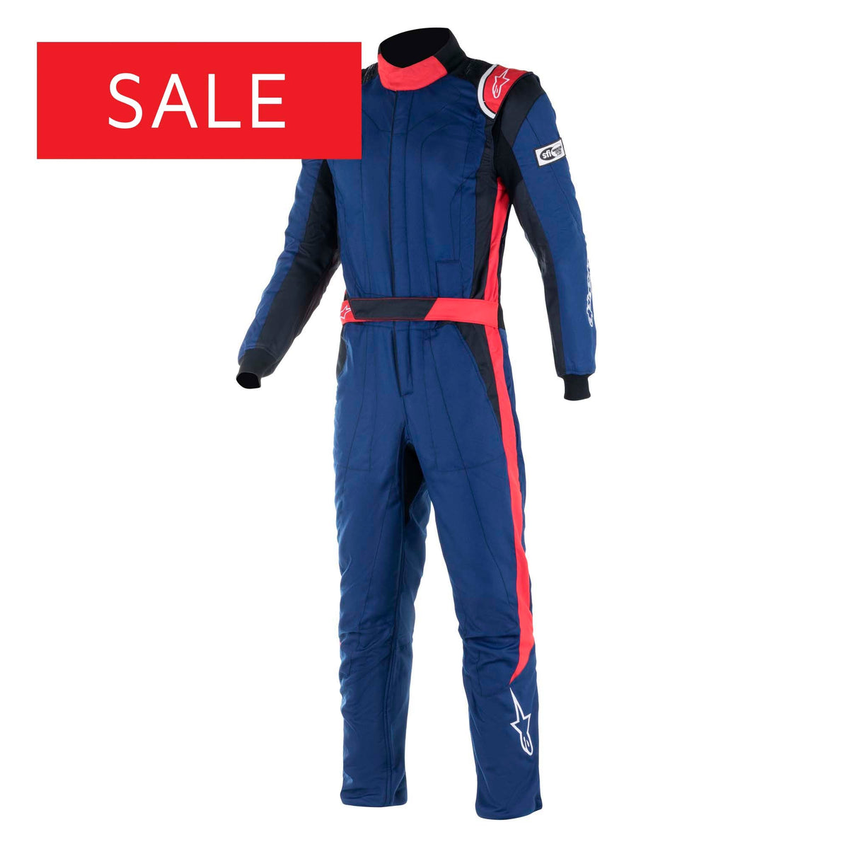 Alpinestars racing suit in blue with red trim and black accents, front view with high collar