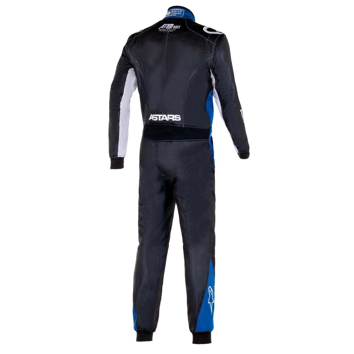 Motorcycle racing suit back view, black and blue with silver sleeve inserts