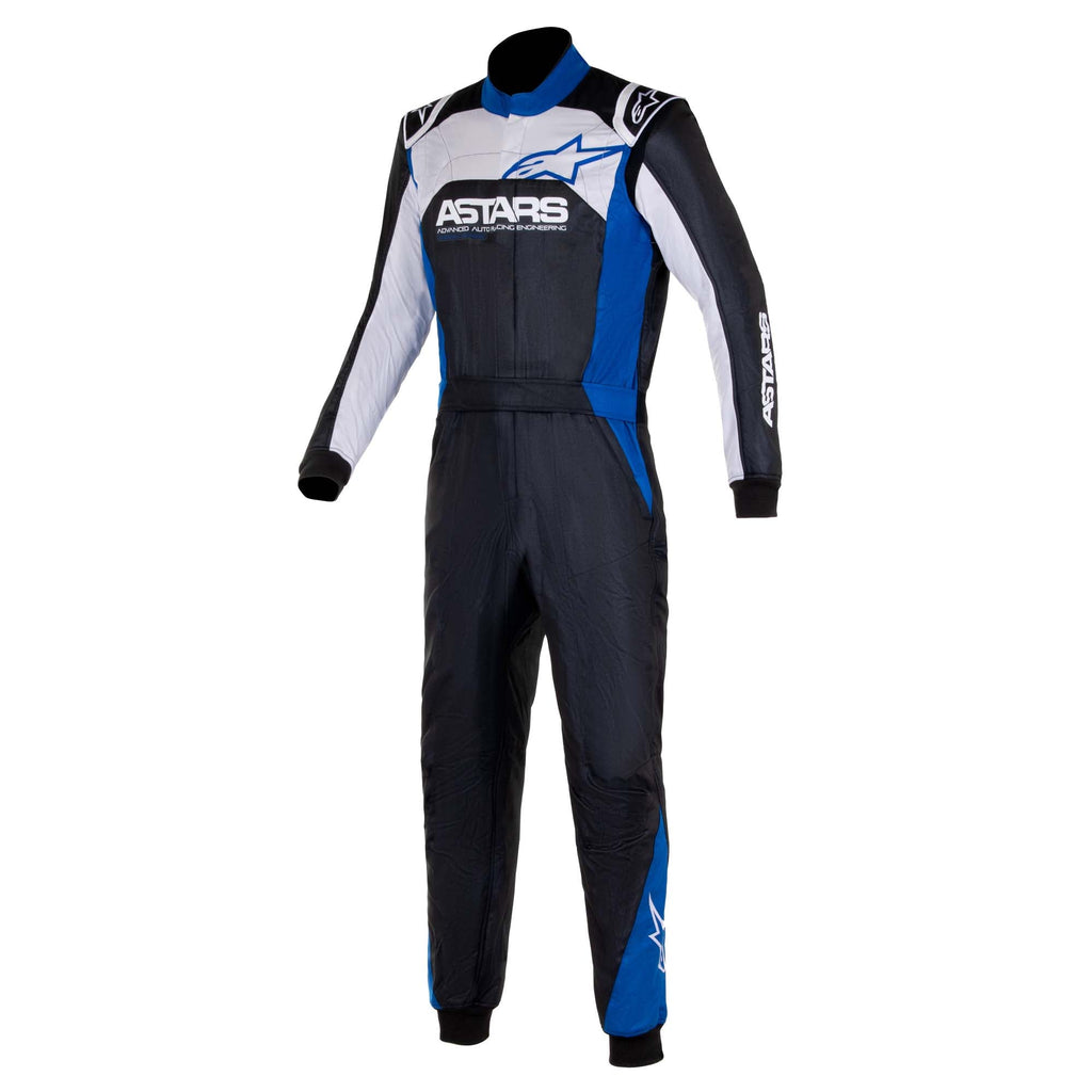 Motorcycle racing suit with black, blue, and silver graphic panels, long sleeves