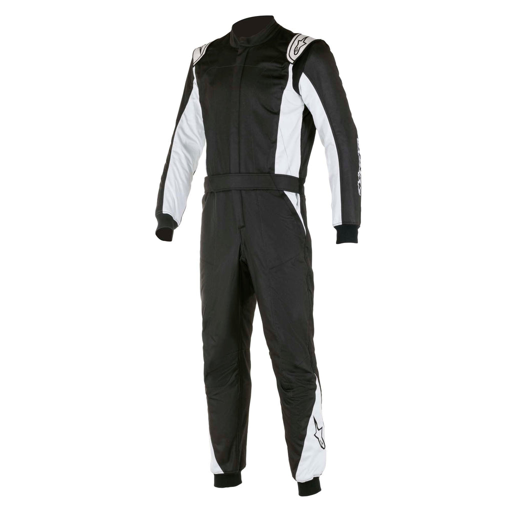 Alpinestars Atom racing suit in black with white side panels and logos, long sleeves, full zip.