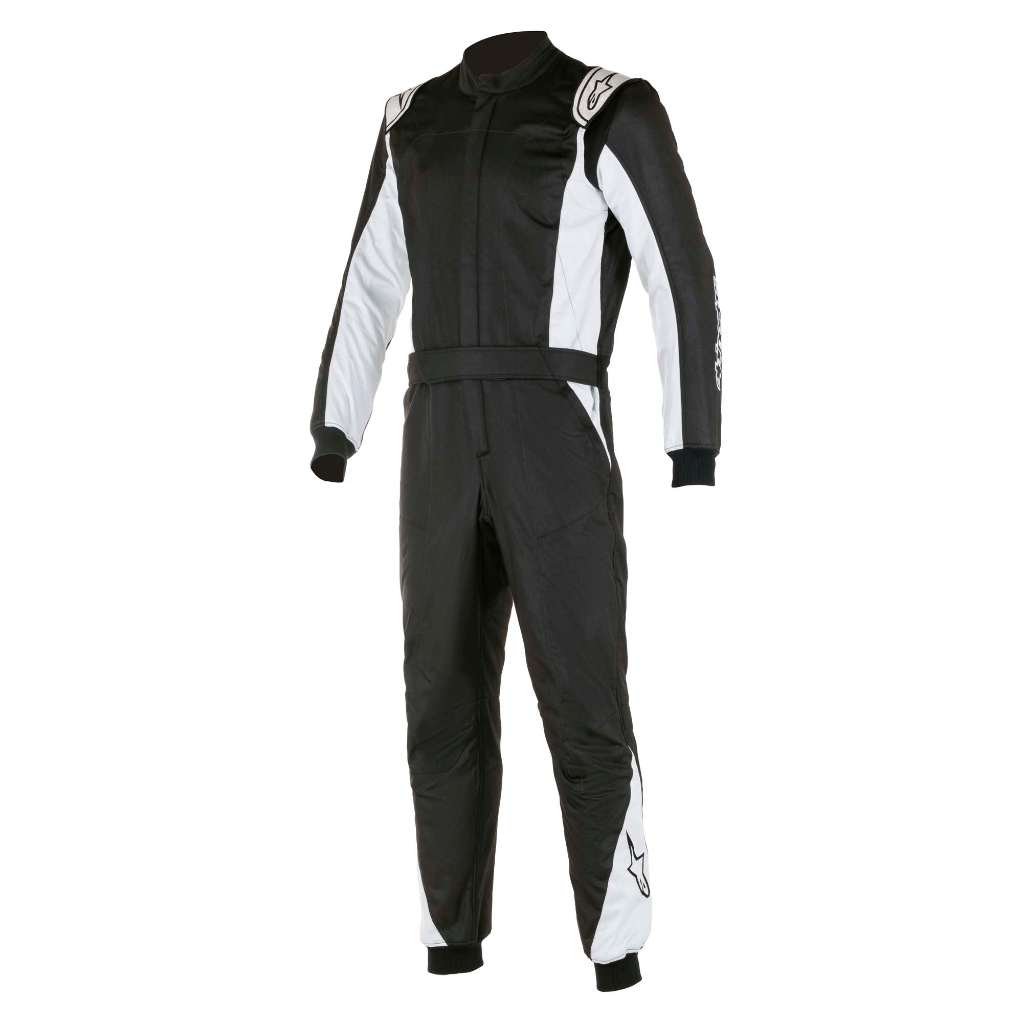 Alpinestars Atom racing suit in black with white side panels and logos, long sleeves, full zip.