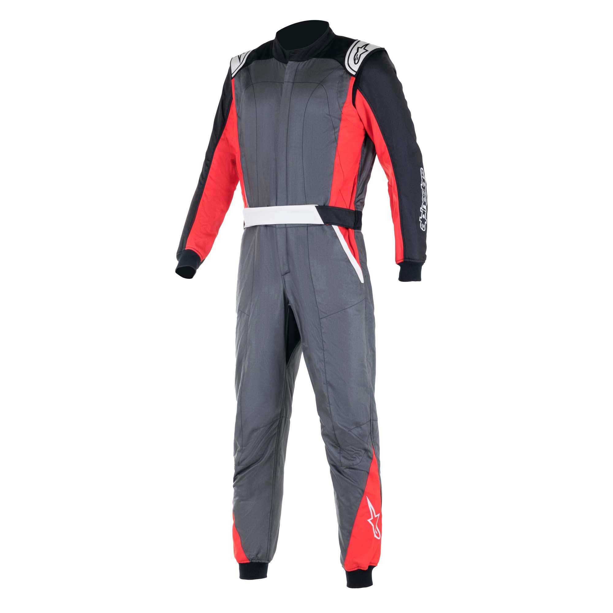 Alpinestars Atom racing suit in gray with red sleeves and side panels, long sleeves, full zip.