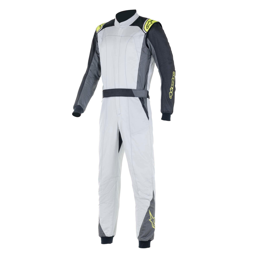 Alpinestars Atom racing suit in white and gray with dark sleeves and neon yellow logos, full zip.