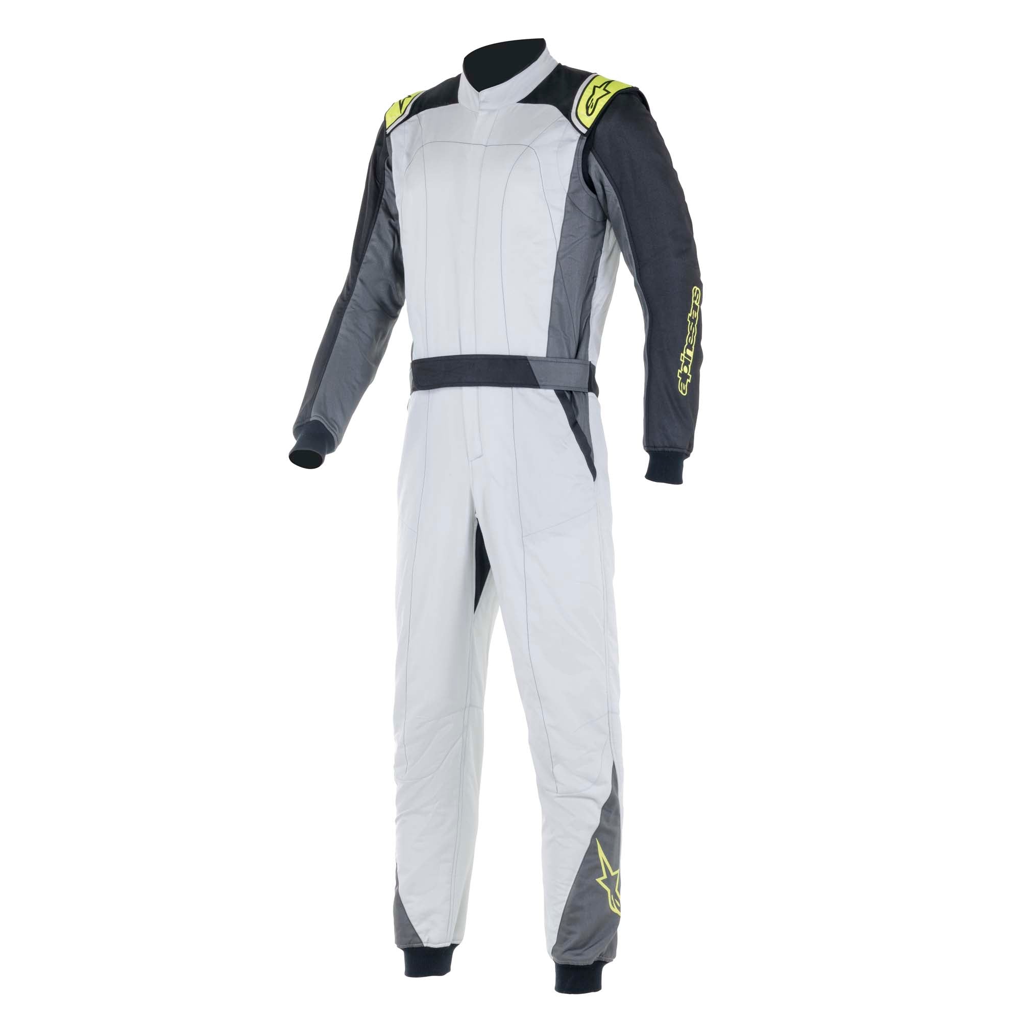 Alpinestars Atom racing suit in white and gray with dark sleeves and neon yellow logos, full zip.