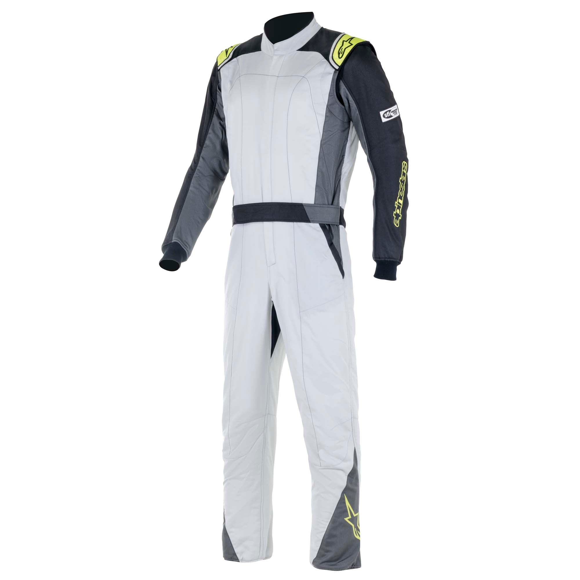 Alpinestars Atom racing suit in white and black with yellow accents, full zip