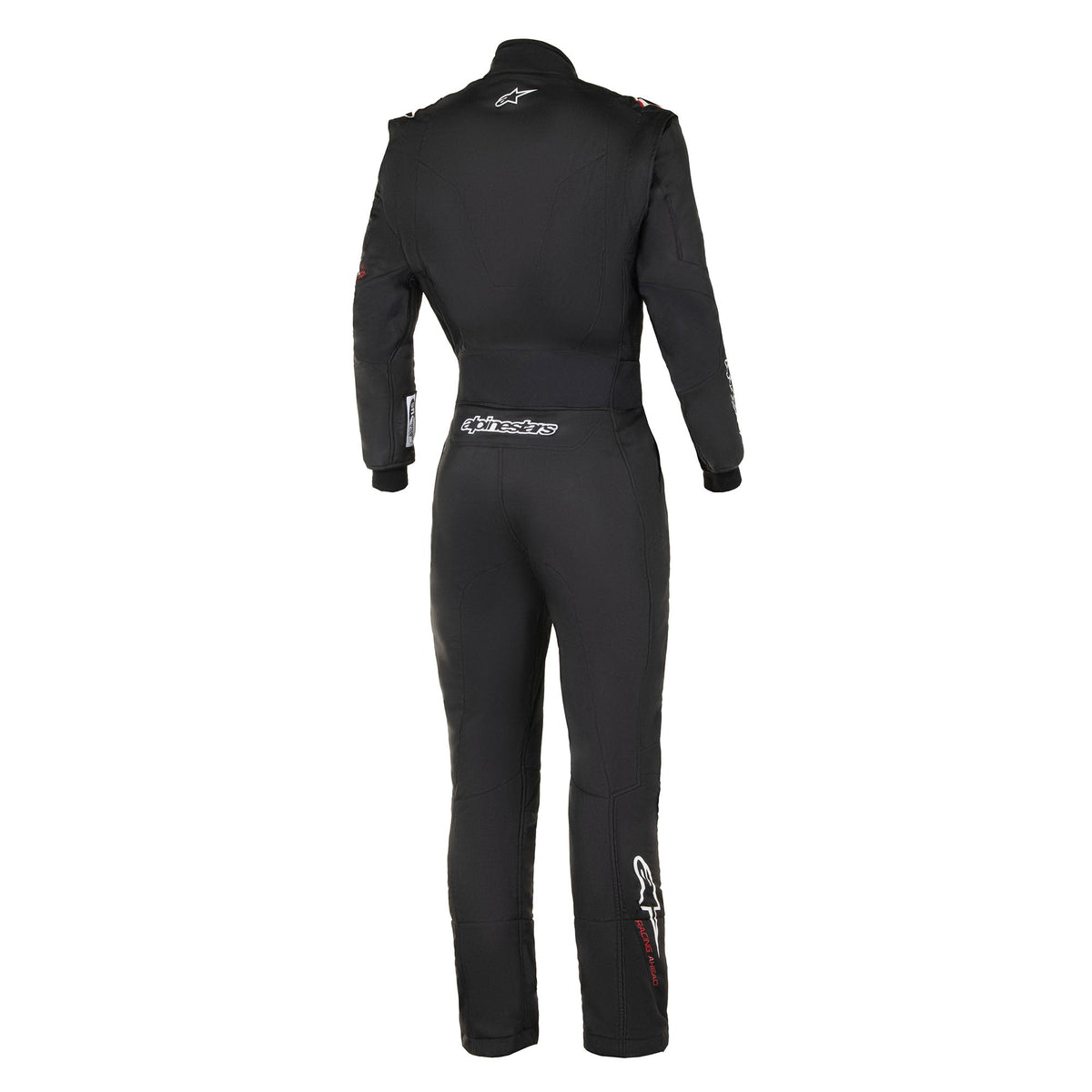 Alpinestars GP Tech racing suit, black with white accents, back view, full length