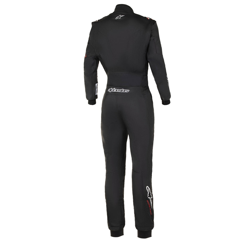 Racing suit in black with logo graphics and red accents, full-body back view.
