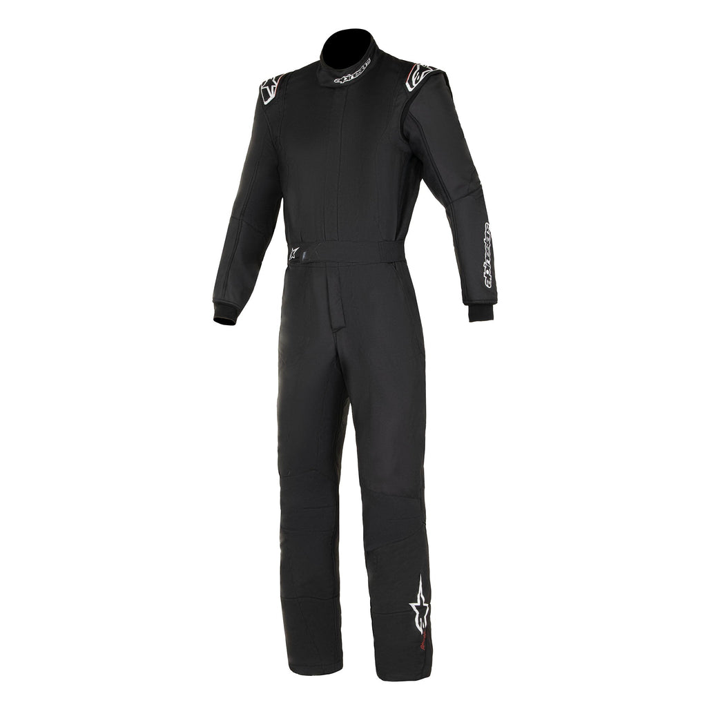 Alpinestars GP Tech racing suit, black with white accents, front view, zip collar