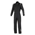 Alpinestars GP Tech racing suit, black with white accents, front view, zip collar