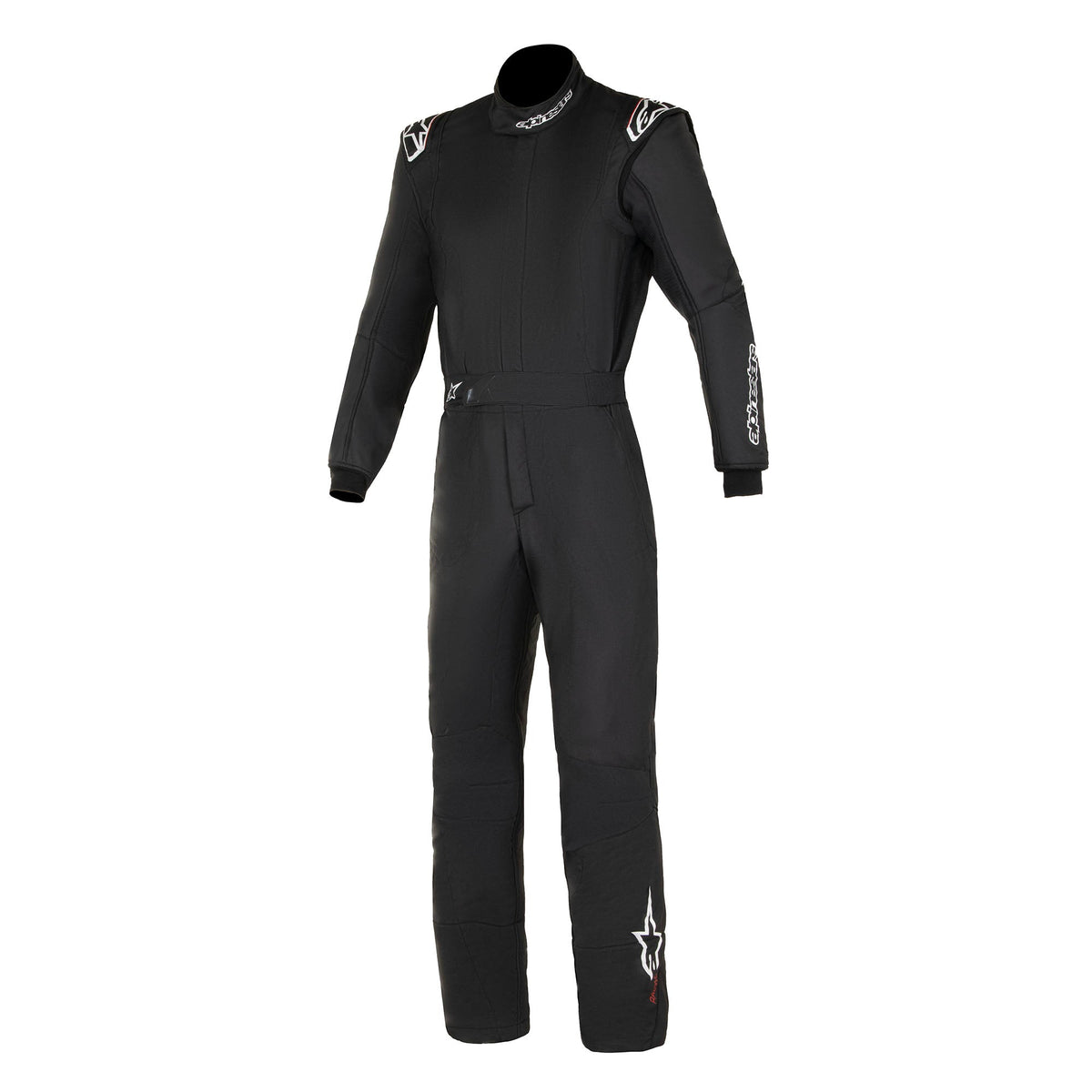 Alpinestars GP Tech racing suit, black with white accents, front view, zip collar