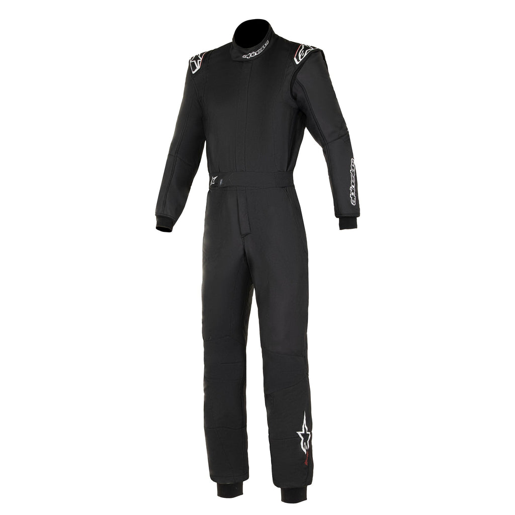 Racing suit in black with subtle logo graphics, full-body front view.