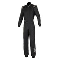 Racing suit in black with subtle logo graphics, full-body front view.