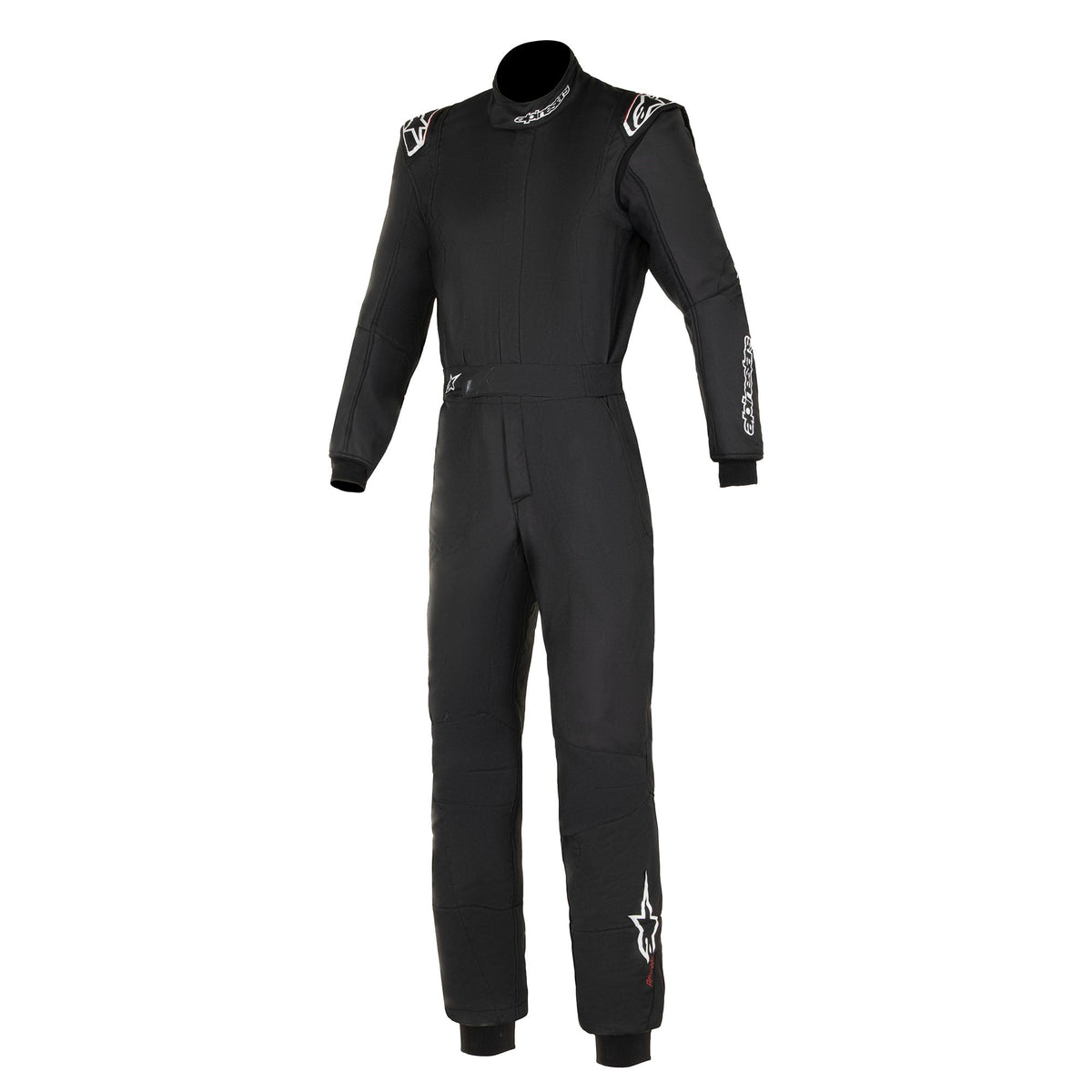 Racing suit in black with subtle logo graphics, full-body front view.