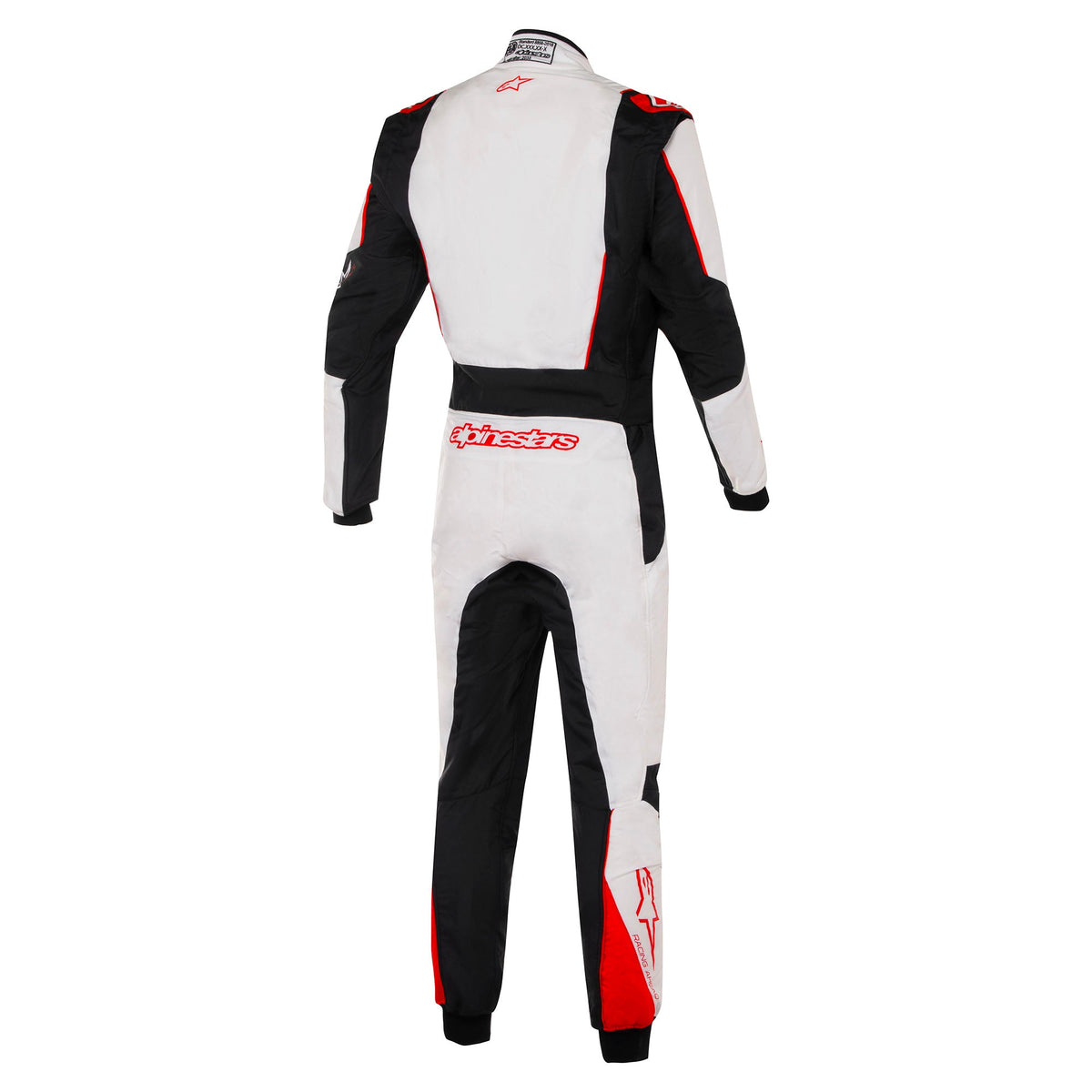 Racing suit in white with black sleeves and red accents, full-body back view.