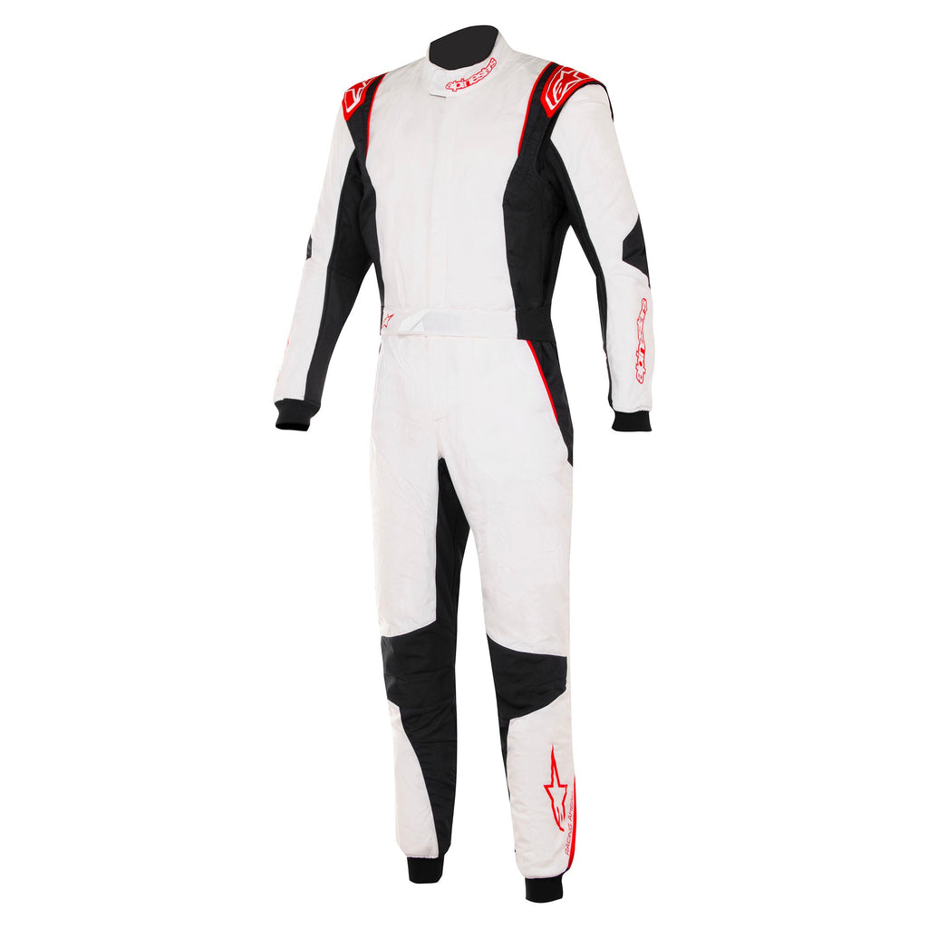 Racing suit in white with black sleeves and red accents, full-body front view.