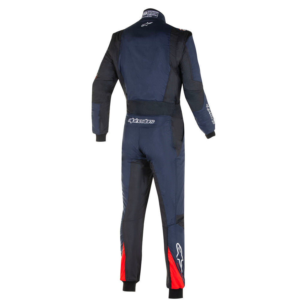 Racing suit in navy with dark panels and red trim, back view.