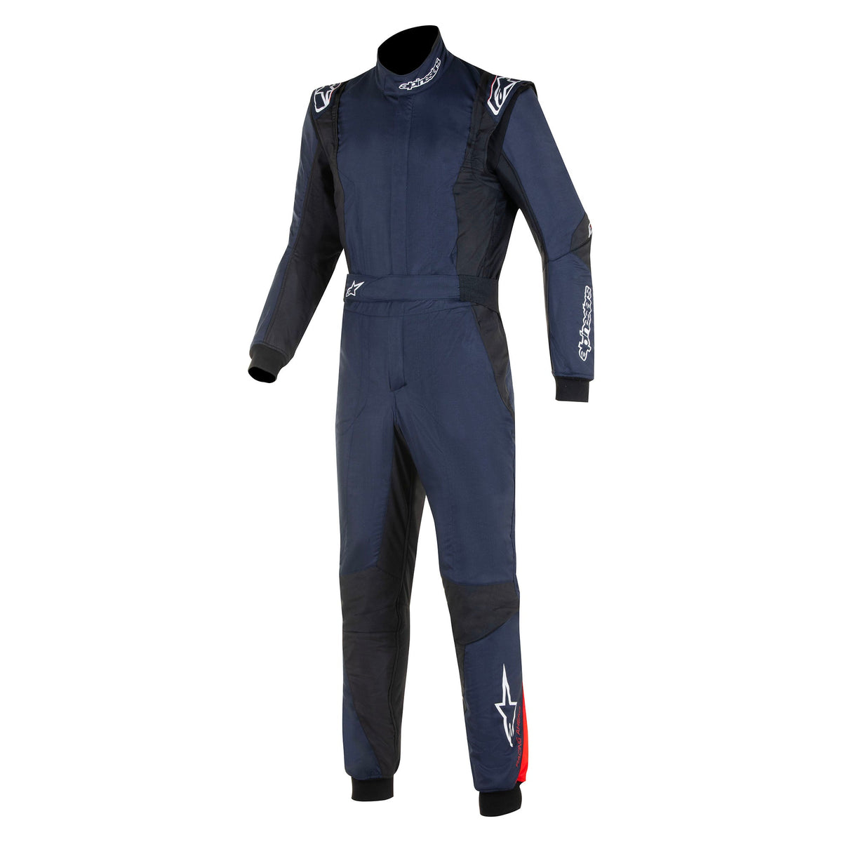 Racing suit in navy with dark panels and white logo details, front view.