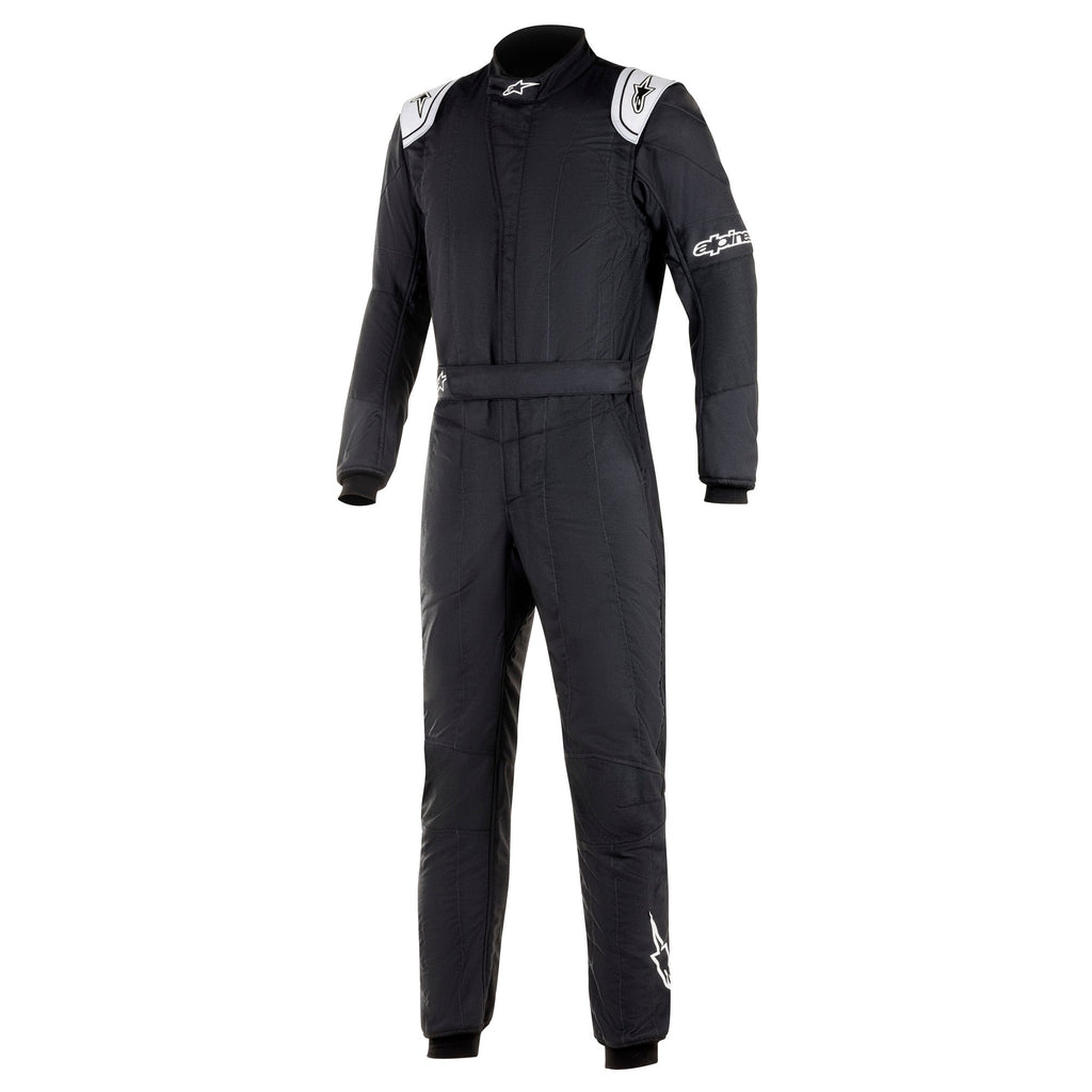 Black racing suit with padded shoulders and full-length zipper front