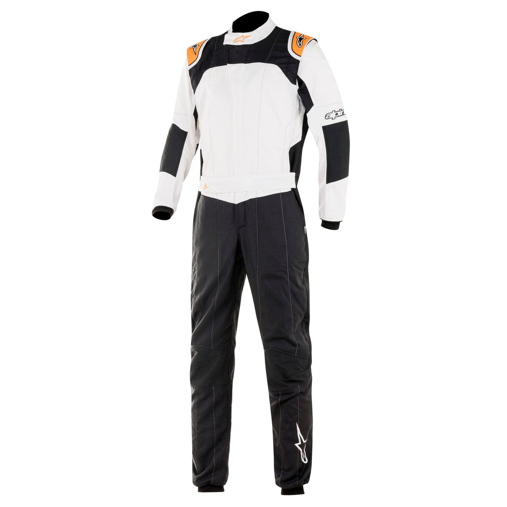 White racing suit with black panels and orange accents, full-length zipper