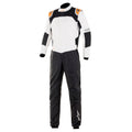 White racing suit with black panels and orange accents, full-length zipper