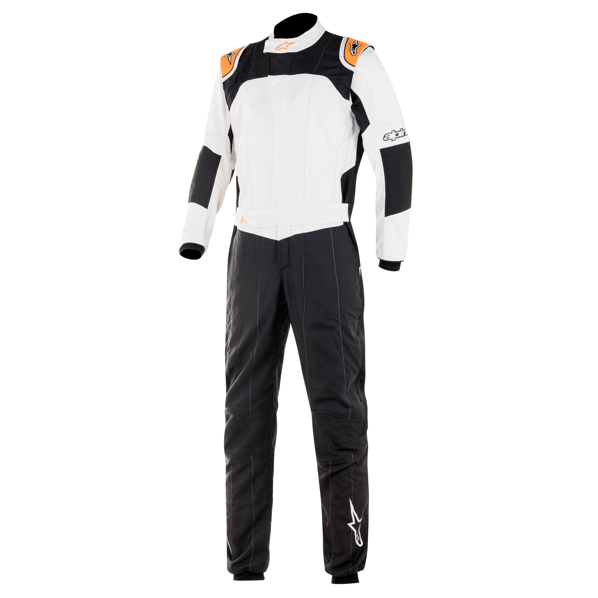 White racing suit with black panels and orange accents, full-length zipper