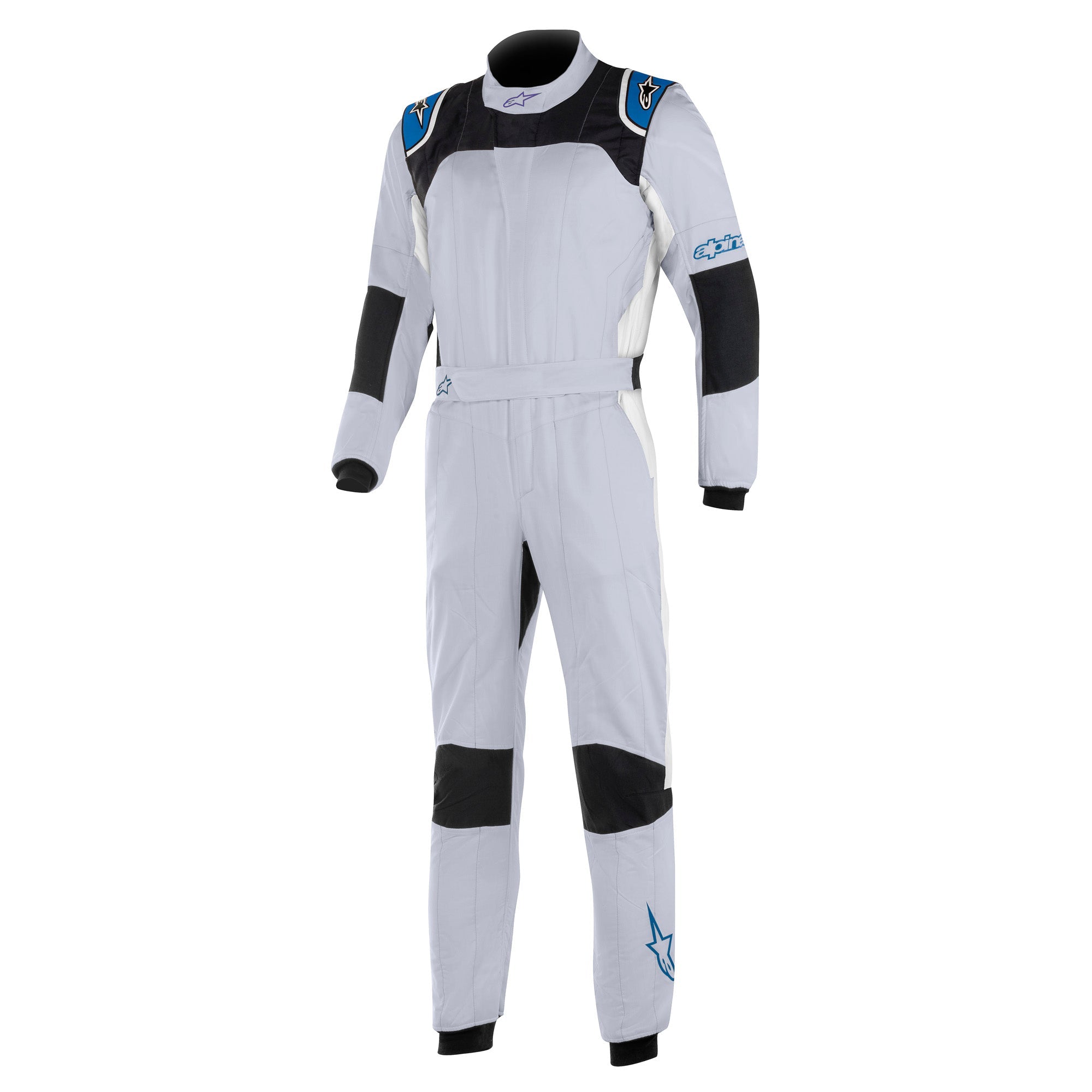 White racing suit with black arm and leg panels, padded shoulders